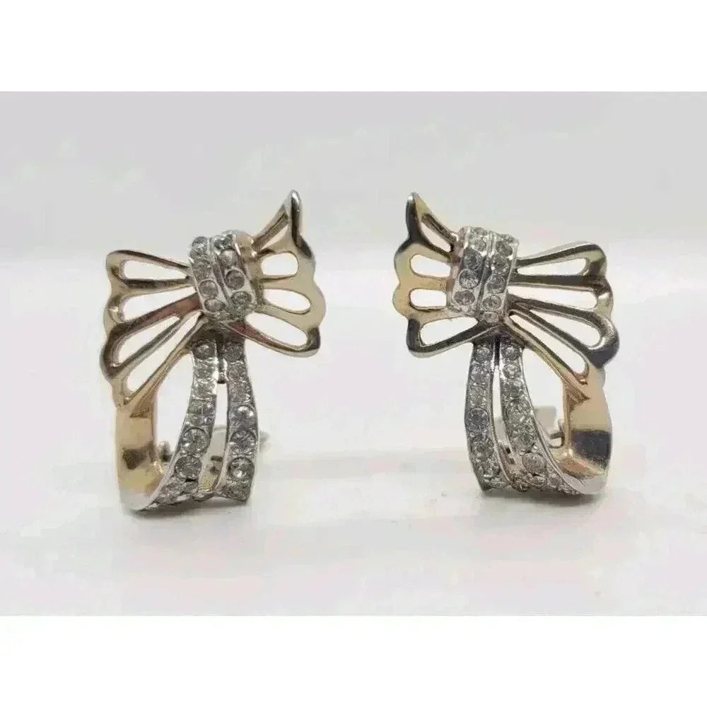 Vintage Earrings Gold Bows & Ribbons Rhinestone Clip Dimensional Holiday Gift